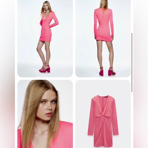 NWT ZARA Stretchy knotted Dress NEOn pink Long sleeves shoulder pads Zipper - Picture 4 of 16